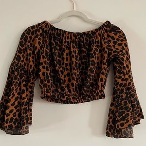 Leopard print georgette off shoulder crop top